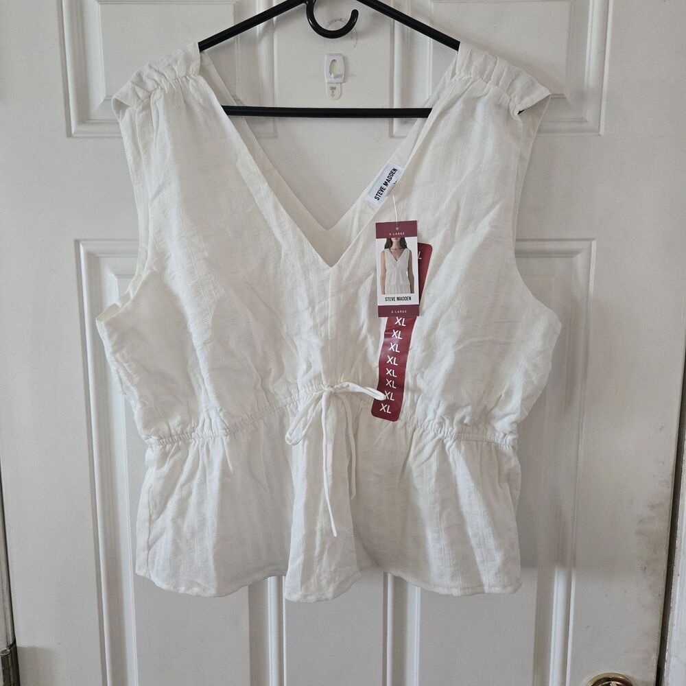 Steve Madden Womens XL White Sleeveless V Neck Peplum Tie Waist Top NWT